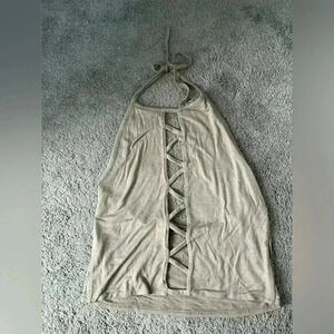 NWT Boohoo tan lightweight tie‎ neck cropped halter top cut outs size large
